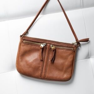 Fossil Top Zip Cowhide Pebbled Leather Crossbody Bag Carmel